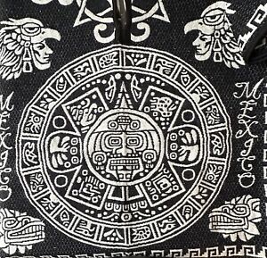 Mexican Poncho Calendario Azteca Mexico Aztec Blanket Black with White Fringe