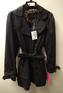 NWT Betsey Johnson Belted Trench Coat Overcoat Large Lace Bow Pockets DBL Breast