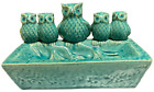 Turquoise Ceramic Owls Bird Bath Feeder Trinket Planter 5 Owls Crazing