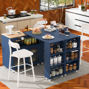 Navy K&K Rolling Kitchen Island Extended Table LED Lights Storage Compartment