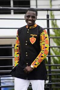 Kente & Black Cotton Men's Long Sleeve Shirt African Clothing Men's Wear African