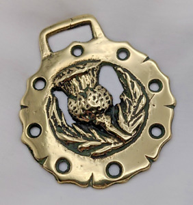 Brass Horse Medallion Vintage English Scottish Thistle Flower Pierced Harness