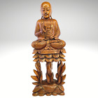 Teaching Buddha Sculpture Upon Lotus Throne Bali Art Hand Carved Wood Statue
