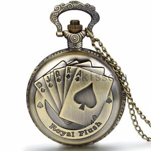 Men's Vintage Royal Flush Playing Poker Cards Quartz Pocket Watch Chain Necklace