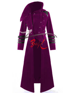 Men's Purple Steampunk Military Trench Jacket Gothic Long Coat Scorpion Hooded