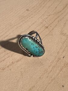 Vintage Blue Natural Turquoise Sterling Navajo Rope Unisex Tribal Ring Size 8