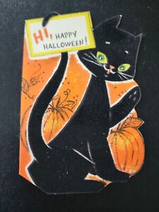 Vtg Hallmark Halloween Greeting Card Diecut Flocked Black Cat Kitten Kitties 50s