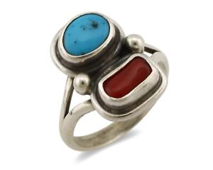 Navajo Ring 925 Silver SB Turquoise & Red Coral Native American Artist C.80s