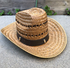 Vintage Cowboy Woven Straw Hat Men's 7 3/4 Beige Cap Wide Brim