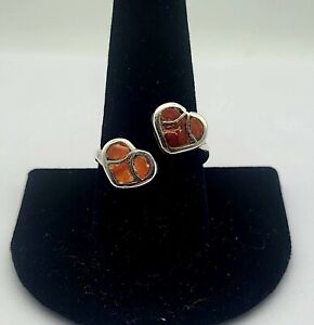 Vintage Old Pawn Sterling Silver Native Coral Heart Ring Size 10 Adjustable