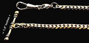 Gold Plated Pocket Watch Chain With One & Half Inches long T Bar & Swivel Hook
