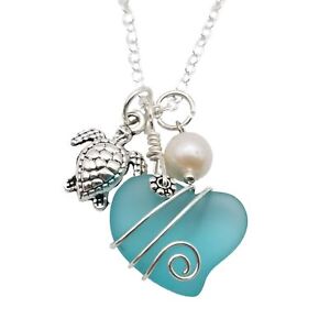 Hawaiian Sea Glass Necklace, Wire Heart Necklace Aquamarine Necklace, Turtle