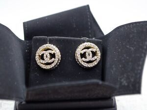 Chanel Classic CC logo mini gold Crystal Stud Earrings - Authentic
