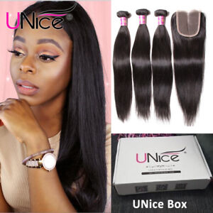 UNice Hair 100% Brazilian Straight Human Hair Wefts 3 Bundles With Lace Closure