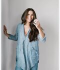 CP  Shades M 100% Linen Tunic Top Teton In Ink Chambray Blue Blouse V-Neck Shirt