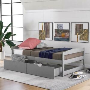 Twin Size Platform Bed with Two Storage Drawers Pinewood Single-layer Bed Gray