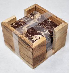 Thirstystone Set of 4 Cherry Marble Coasters with Wood Holder, Square, Brown