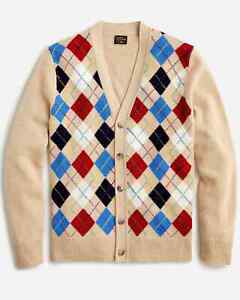 J. CREW Men's Limited-Edition Cashmere Cardigan Sweater Heather Straw Argyle NWT
