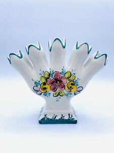 Vintage Elba Portugal Five Finger Porcelain Tulipere Floral Hand Painted Vase