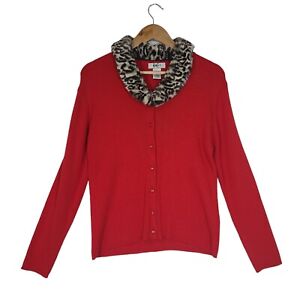 Vintage Kikit Red Sweater Cardigan Animal Print Faux Fur Removable Collar