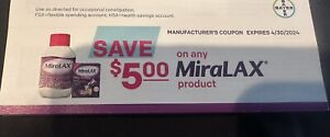 Miralax Coupons Lot!  8 Coupons For $5 Off Any miralax Product. Expires 4/2024