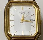 Vintage Citizen Watch Men Gold Silver Rectangle Day Date Water Resistant Runs
