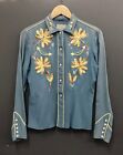 Vintage H Bar C Blue Embroidered Pearl Snap Western Shirt Women’s Sz 34