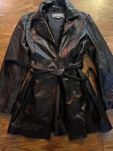 Vintage Wilsons Leather Jacket Womens Large Black Trench Coat Belted Thinsulate
