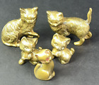 Vtg Solid Brass Cats Figurines Lot Of 5 Kittys In Nature Style 2 Matching Pair