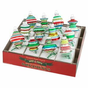 Shiny Brite Holiday Splendor Stripe Shapes Red Green Ornament Set 12 1.75