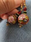 Vintage Red Rose Painted Cloisonne Style Dangle Earrings With Crystal Beads Nice