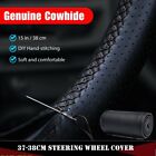 Black Genuine Leather DIY Car Steering Wheel Cover Anti-slip For 15