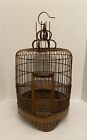 Vintage 25” Bamboo Bird Cage w/2 Pottery Feeders and Brass Hook