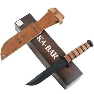 Kabar USMC Fighter Fixed Blade Knife Serrated Blade Stacked Leather Handle