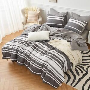SeaRoomy Queen Comforter Set - Bed in a Bag 7 Pieces Reversible Grey White