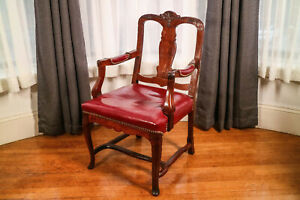 Incredible Antique English Walnut Desk Arm Chair Leather Seat