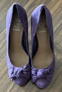 G By Guess Heels Womens 9M Bow Casual Slip On Stiletto Pumps Purple Suede