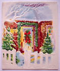 Open gate to snowy front door embossed vintage Christmas  greeting card *KK17