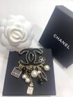 Chanel CC Black Logo Large Size Brooch With Classic Charms Faux Pearls In Box