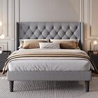 Full Size Platform Bed Frame with Upholstered Headboard and Wingback, Light Grey