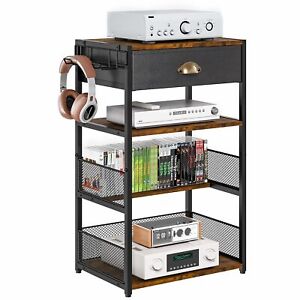 4Tier Media Stand Drawer Console Shelf Hooks Audio Rack Tower Xbox PS5 Switch