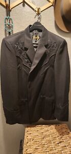 Scully Western Mens Black Polyester Floral Tone Embroidered Blazer Size 44
