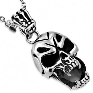 Stainless Steel Silver-Tone Black CZ Skull Mens Pendant Necklace