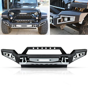 Front Bumper w/ Winch Plate 4 LED Lights Fit for 07-2018 Jeep Wrangler JK 2 Ring (For: Jeep)
