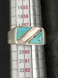 Novajo old pawn Sterling Silver CJ Turquoise Mother of Pearl Mens Ring 8.5