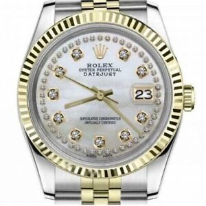 Rolex Datejust 36 mm White Mother Of Pearl String Diamond Dial Two Tone Watch