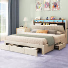 King Size Bed Frame with 4 Drawers & LED Light & Storage Upholstered Headboard