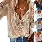 Summer Womens Lace V-Neck Long Sleeve Tops Blouse Ladies Casual Loose T-Shirt