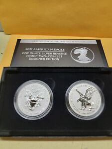 New Listing2021 REVERSE PROOF AMERICAN EAGLE SET TYPE 1 TYPE 2 SILVER COIN SET OGP COA BOX
