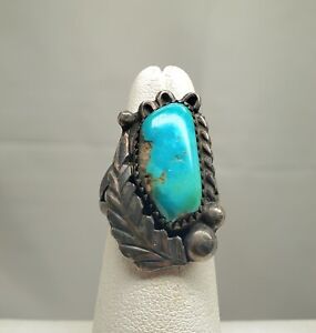 Old Pawn Navajo Sterling Turquoise Leaf Berries Ring Size 6 SIGNED NB
